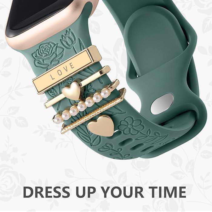 DaQin Flower Engraved Band Compatible with Apple Watch Bands for Women 40mm 38mm 41mm 42mm, Soft Silicone Strap With Dressy Decorative Apple Watch Charms for iWatch Series 11 10 9 8 7 6 5 4 3 2 1 SE - Image 3