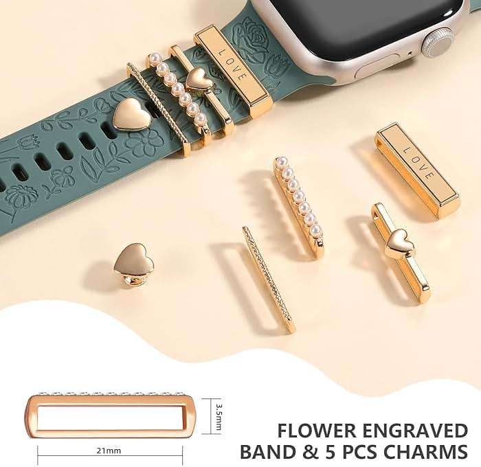 DaQin Flower Engraved Band Compatible with Apple Watch Bands for Women 40mm 38mm 41mm 42mm, Soft Silicone Strap With Dressy Decorative Apple Watch Charms for iWatch Series 11 10 9 8 7 6 5 4 3 2 1 SE - Image 4