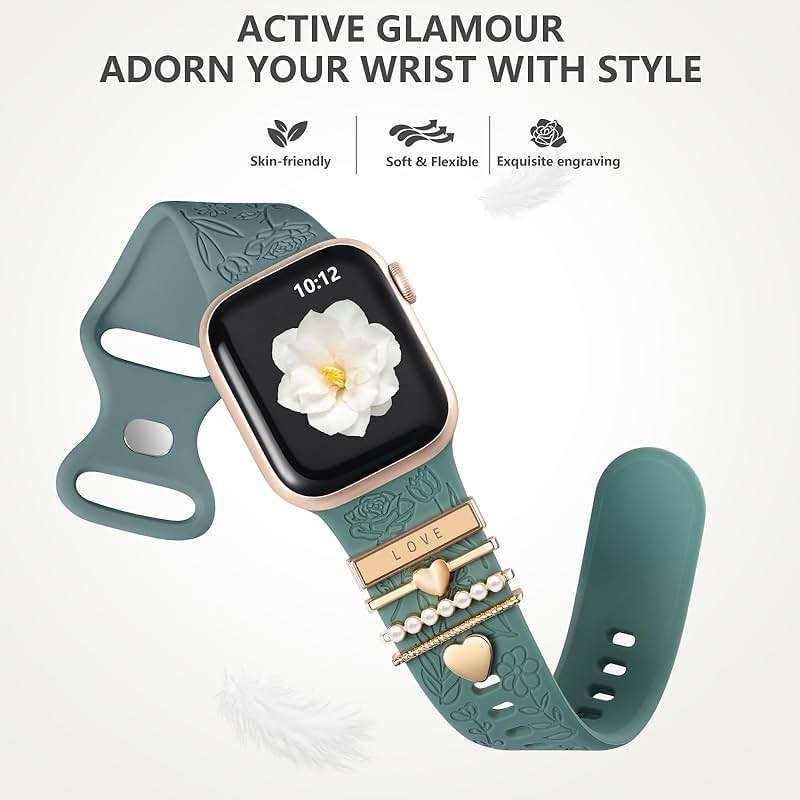 DaQin Flower Engraved Band Compatible with Apple Watch Bands for Women 40mm 38mm 41mm 42mm, Soft Silicone Strap With Dressy Decorative Apple Watch Charms for iWatch Series 11 10 9 8 7 6 5 4 3 2 1 SE - Image 5