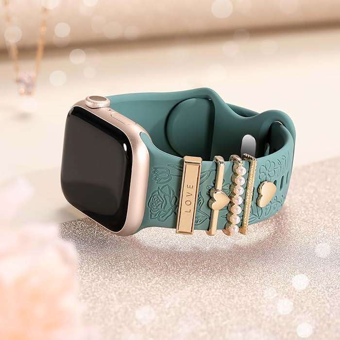 DaQin Flower Engraved Band Compatible with Apple Watch Bands for Women 40mm 38mm 41mm 42mm, Soft Silicone Strap With Dressy Decorative Apple Watch Charms for iWatch Series 11 10 9 8 7 6 5 4 3 2 1 SE - Image 9