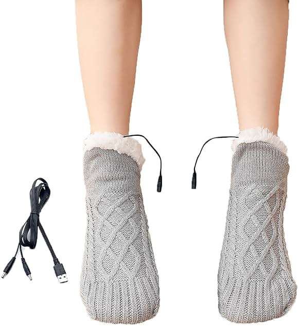 PURFUN Electric Heated Fleece Socks for Women Teens, Winter Cozy Fleece Lining Foot USB Heating Pad Anti-Slip Thermal Christmas Home Knitted Heat Socks Indoor Slippers Foot Warmer Heater Footwear - Image 2