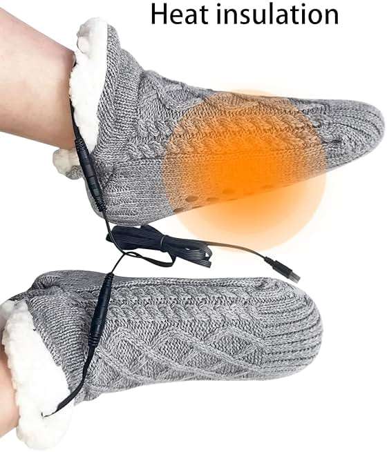 PURFUN Electric Heated Fleece Socks for Women Teens, Winter Cozy Fleece Lining Foot USB Heating Pad Anti-Slip Thermal Christmas Home Knitted Heat Socks Indoor Slippers Foot Warmer Heater Footwear - Image 5