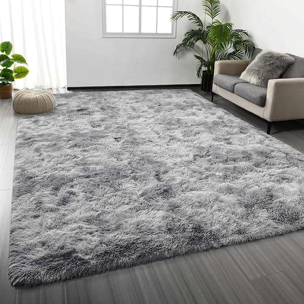 Deerhoo Large Shag Area Rugs 6 x 9, Tie-Dyed Plush Fuzzy Rug for Living Room, Ultra Soft Fluffy Furry Rugs for Bedroom, Indoor Carpet Nursery Rugs for Kids Room Home Decor, Light Grey - Image 1