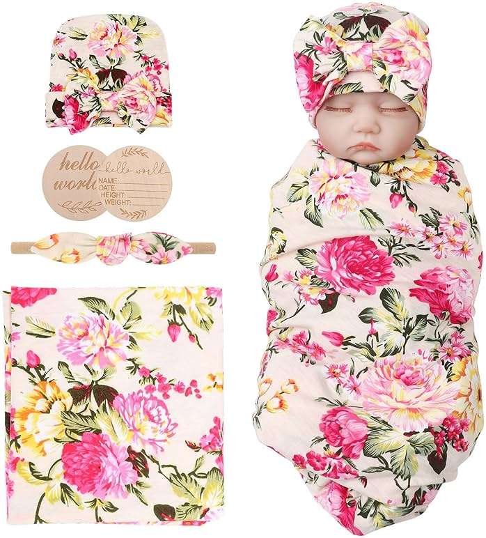 AQOKKA Newborn Receiving Blanket with Bow Hat Headband Wooden Card Set Newborns Toddler Baby Boy Girl Nursery Swaddle Wrap - Image 1