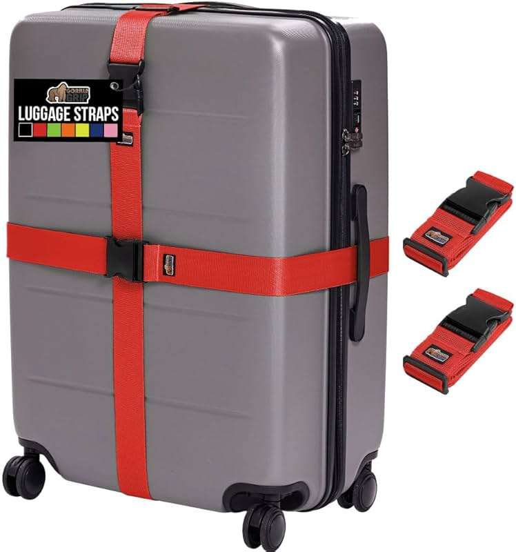 GORILLA GRIP Heavy Duty Adjustable Luggage Straps for Suitcases, Easy to Identify Travel Belt Connector Holds Suitcase Together, Extends Life of Bag, Strap Connects Two Bags, Accessories 2 Pack Red - Image 1