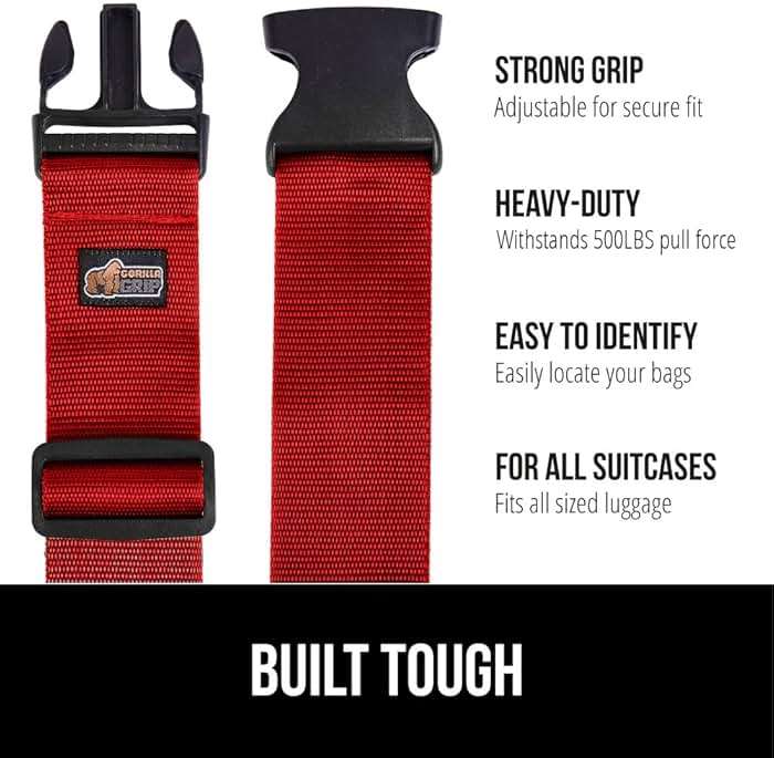 GORILLA GRIP Heavy Duty Adjustable Luggage Straps for Suitcases, Easy to Identify Travel Belt Connector Holds Suitcase Together, Extends Life of Bag, Strap Connects Two Bags, Accessories 2 Pack Red - Image 2