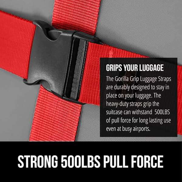 GORILLA GRIP Heavy Duty Adjustable Luggage Straps for Suitcases, Easy to Identify Travel Belt Connector Holds Suitcase Together, Extends Life of Bag, Strap Connects Two Bags, Accessories 2 Pack Red - Image 3