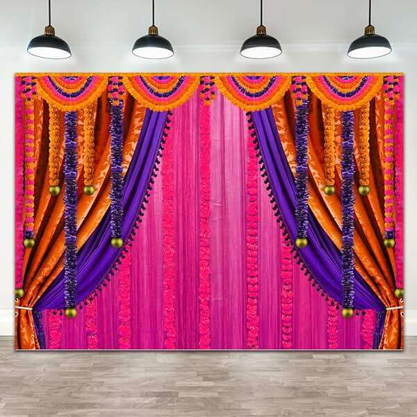 Wollmix Pooja Backdrop Decoration Cloth Items Indian Ganpati Puja Traditional Chatiya Ganesh Mehndi Photography Background Festival Wedding Party Marigold Garlands Banner Photo Booth Props 7x5ft - Image 1