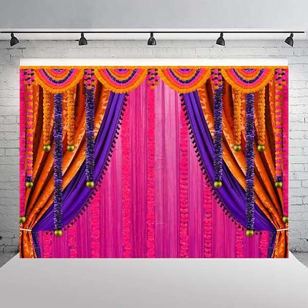 Wollmix Pooja Backdrop Decoration Cloth Items Indian Ganpati Puja Traditional Chatiya Ganesh Mehndi Photography Background Festival Wedding Party Marigold Garlands Banner Photo Booth Props 7x5ft - Image 4