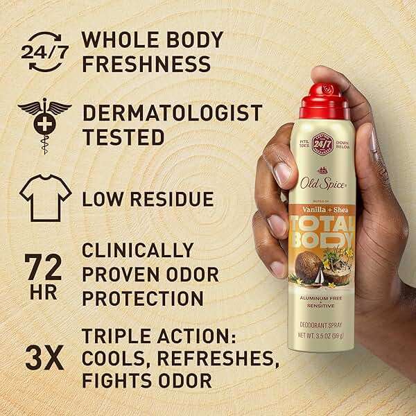 Old Spice Whole Body Deodorant Spray for Men, Aluminum Free, 24/7 Odor Protection, Dermatologist Tested, Gentle on Skin, Safe for Chest, Thighs, Feet, Whole Body Use, Vanilla + Shea Scent, 3.5 oz - Image 3