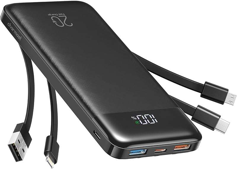charmast 20000mAh Portable Charger with Built in Cables, 22.5W Travel Power Bank Fast Charging, USB C Cell Phone Battery Pack for iPhone 17/16/15/14/13/12 Series, iPad, Samsung, Android, Tablet - Image 1