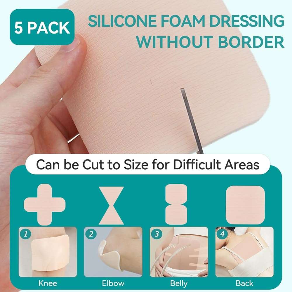 Dimora Silicone Foam Dressing Without Border - 6"x 6" Highly Absorbent Adhesive Bandages for Wounds Cuttable Pads for Wound Care 5 Pack - Image 3