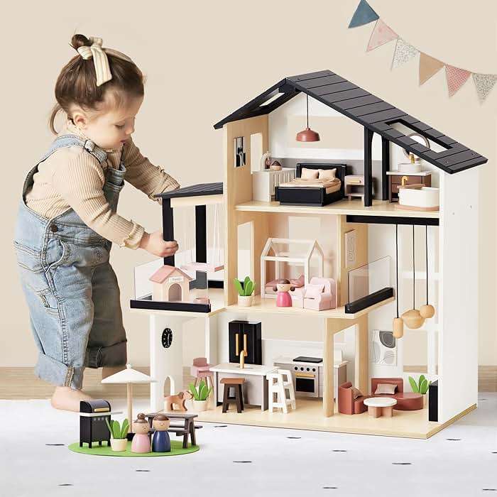 Tiny Land Doll House, Modern Family Dollhouse with Realistic Design, Wooden Dollhouse with 53Pcs Furniture - Ideal Gift for Kids Ages 3+ - Image 1