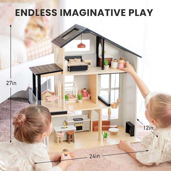 Tiny Land Doll House, Modern Family Dollhouse with Realistic Design, Wooden Dollhouse with 53Pcs Furniture - Ideal Gift for Kids Ages 3+ - Image 2