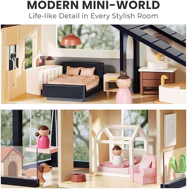 Tiny Land Doll House, Modern Family Dollhouse with Realistic Design, Wooden Dollhouse with 53Pcs Furniture - Ideal Gift for Kids Ages 3+ - Image 4