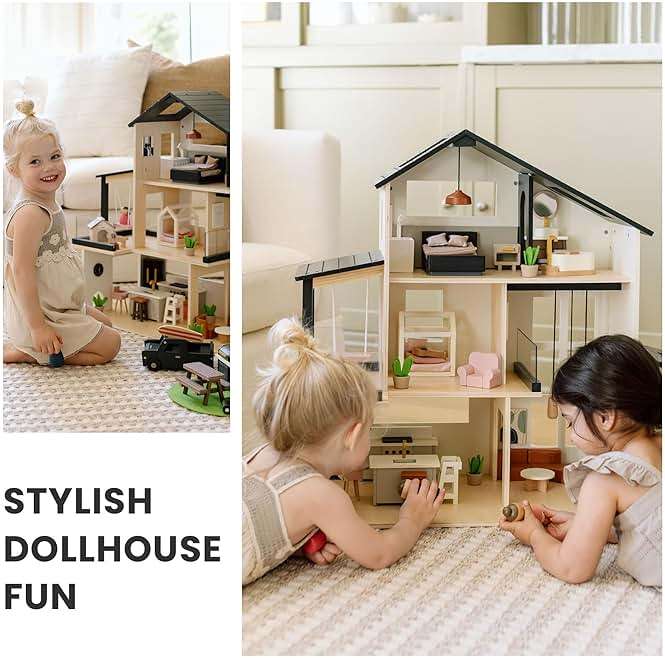 Tiny Land Doll House, Modern Family Dollhouse with Realistic Design, Wooden Dollhouse with 53Pcs Furniture - Ideal Gift for Kids Ages 3+ - Image 5