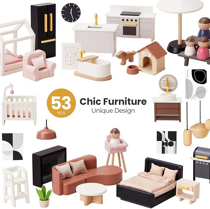 Tiny Land Doll House, Modern Family Dollhouse with Realistic Design, Wooden Dollhouse with 53Pcs Furniture - Ideal Gift for Kids Ages 3+ - Image 6