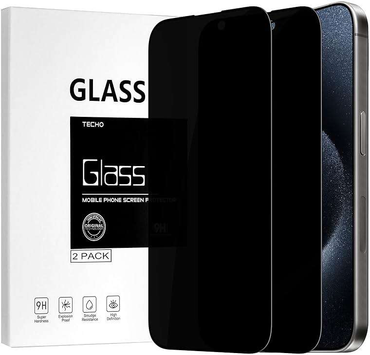 TECHO Privacy Screen Protector for iPhone 15 Pro Tempered Glass Film, Full Coverage Edge to Edge, Anti Spy Private, 9H Hardness, 2 Pack, 6.1 Inch - Image 1