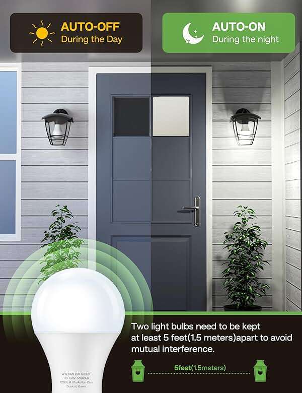 Eastiya Dusk to Dawn Sensor LED Outdoor Light Bulb, Daylight White 5000K, A19 13W(100 Watt Equivalent) Bright Porch Lighting, 1200LM, Auto-On/Off Photocell Sensor for Garage Yard Patio Garden-4 Pack - Image 3
