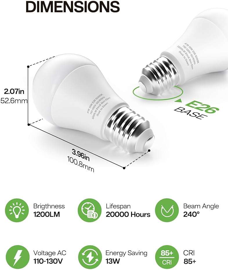 Eastiya Dusk to Dawn Sensor LED Outdoor Light Bulb, Daylight White 5000K, A19 13W(100 Watt Equivalent) Bright Porch Lighting, 1200LM, Auto-On/Off Photocell Sensor for Garage Yard Patio Garden-4 Pack - Image 5