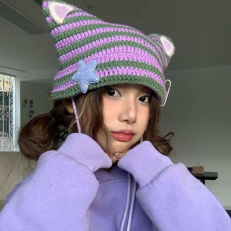Y2k Beanie Cat Ear Gyaru Acubi Devil Crochet Hats Cute Kawaii Star Grunge Aesthetic Pompoms Cutecore Y2k Harajuku Clothes - Image 4