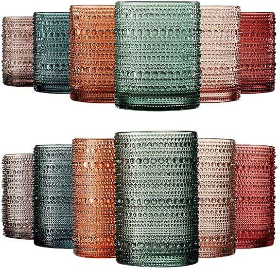 Khen Hobnail Beaded Highball Drinking Tumbler Glasses | Set of 12 | Color, Vintage Bubble Design Whiskey Glassware, Old-Fashioned, Embossed Design for Water, Wine, Cocktail Embossed, Rocks Glass - Image 1
