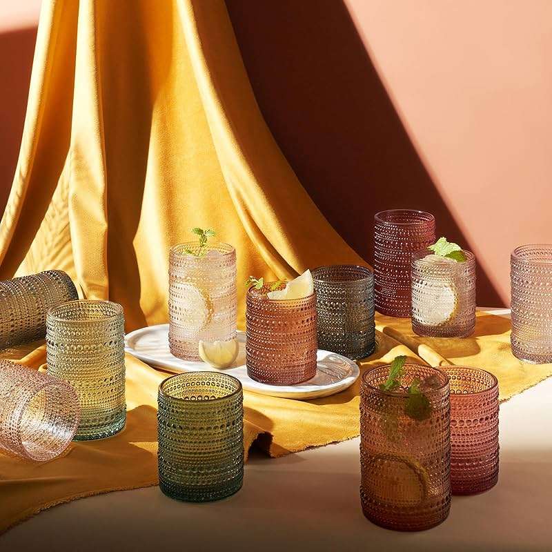 Khen Hobnail Beaded Highball Drinking Tumbler Glasses | Set of 12 | Color, Vintage Bubble Design Whiskey Glassware, Old-Fashioned, Embossed Design for Water, Wine, Cocktail Embossed, Rocks Glass - Image 2