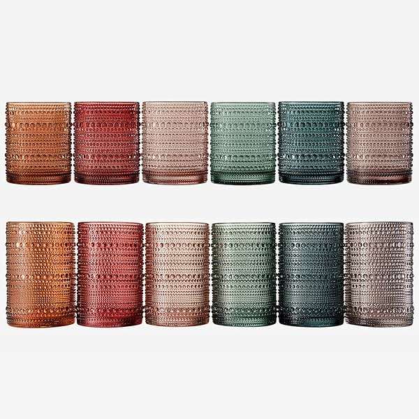 Khen Hobnail Beaded Highball Drinking Tumbler Glasses | Set of 12 | Color, Vintage Bubble Design Whiskey Glassware, Old-Fashioned, Embossed Design for Water, Wine, Cocktail Embossed, Rocks Glass - Image 4