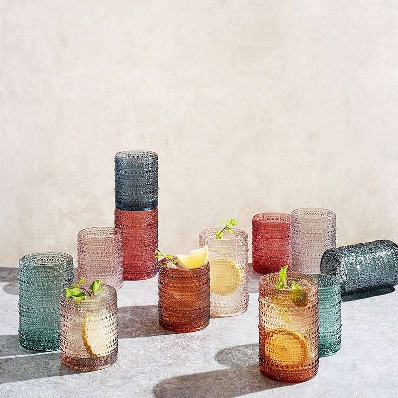 Khen Hobnail Beaded Highball Drinking Tumbler Glasses | Set of 12 | Color, Vintage Bubble Design Whiskey Glassware, Old-Fashioned, Embossed Design for Water, Wine, Cocktail Embossed, Rocks Glass - Image 5