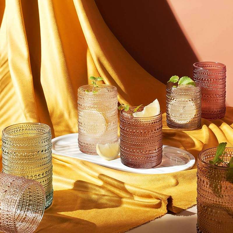 Khen Hobnail Beaded Highball Drinking Tumbler Glasses | Set of 12 | Color, Vintage Bubble Design Whiskey Glassware, Old-Fashioned, Embossed Design for Water, Wine, Cocktail Embossed, Rocks Glass - Image 6