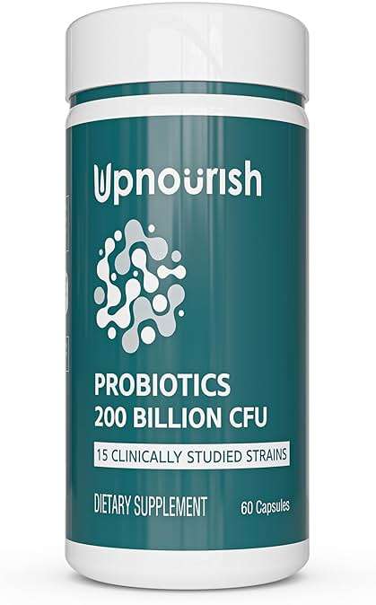 UpNourish Probiotics - 200 Billion CFUs for Men and Women, 15 Clinically Studied Strains, Prebiotics & Enzymes - 60 Vegan Capsules - Image 1