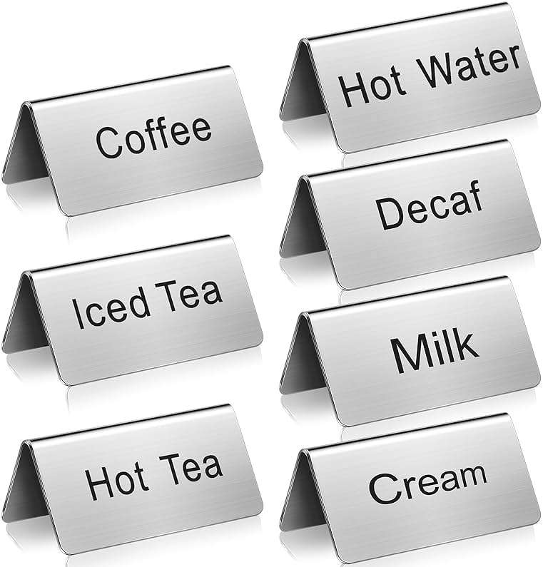 Hicarer 7 Pcs Stainless Steel Coffee Tent Signs Table Coffee and Tea Sign Table Beverage Display Signs for Party Buffet Restaurant Banquet Wedding Indoor Outdoor, 2.99'' x 1.5'' - Image 1