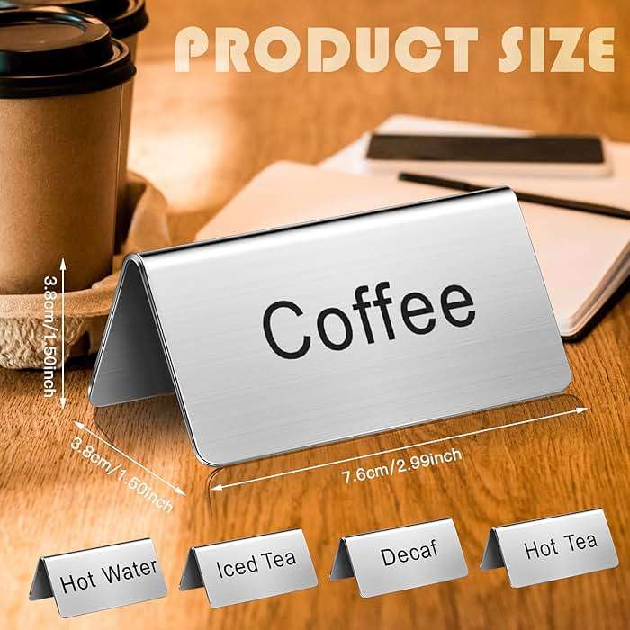 Hicarer 7 Pcs Stainless Steel Coffee Tent Signs Table Coffee and Tea Sign Table Beverage Display Signs for Party Buffet Restaurant Banquet Wedding Indoor Outdoor, 2.99'' x 1.5'' - Image 3