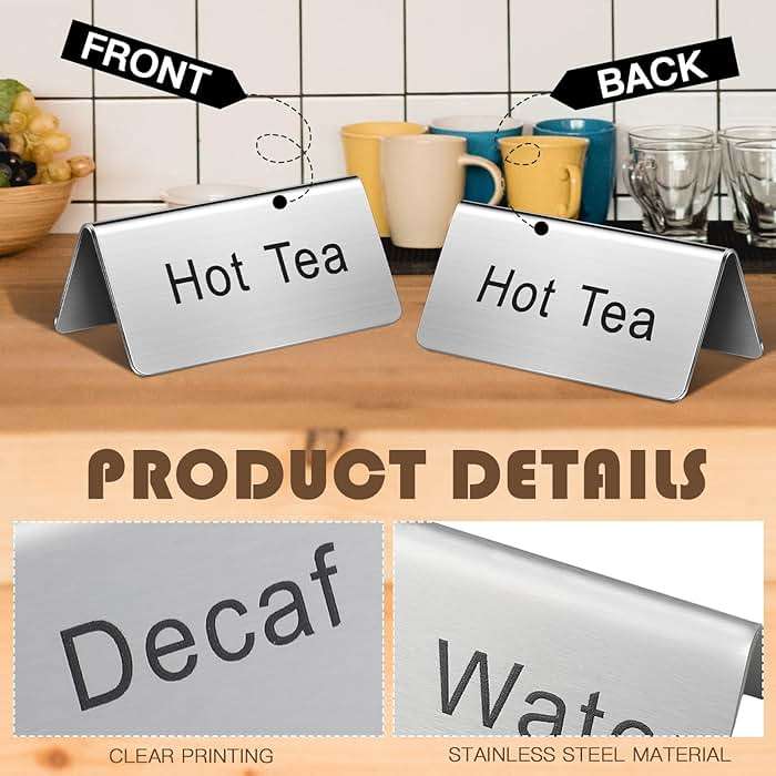Hicarer 7 Pcs Stainless Steel Coffee Tent Signs Table Coffee and Tea Sign Table Beverage Display Signs for Party Buffet Restaurant Banquet Wedding Indoor Outdoor, 2.99'' x 1.5'' - Image 4