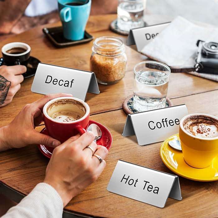 Hicarer 7 Pcs Stainless Steel Coffee Tent Signs Table Coffee and Tea Sign Table Beverage Display Signs for Party Buffet Restaurant Banquet Wedding Indoor Outdoor, 2.99'' x 1.5'' - Image 6