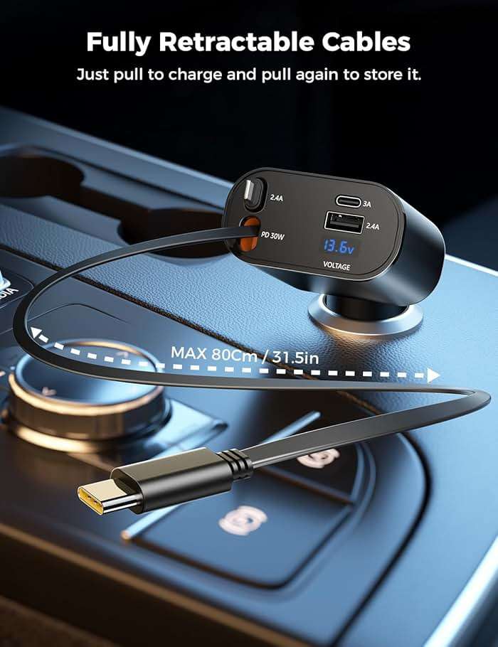 [Upgraded] SUPERONE Retractable Car Charger 4 in 1, Fast Car Phone Charger with Cord 2.6ft, USB C and Apple Car Adapter, Compatible with iPhone 17 16 15/15 Pro Max/14/13/12/11, Galaxy, Pixel - Image 2