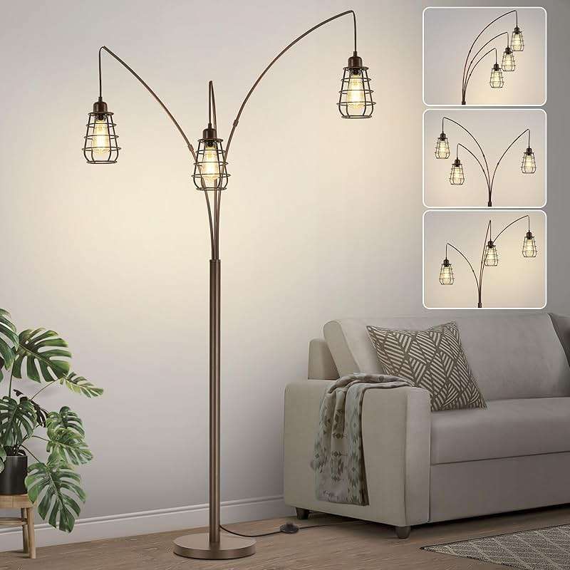 Boncoo Industrial Floor Lamp, 3 Light Arc Floor Lamps for Living Room, 76 Inch Tall Standing Lamp with Metal Cage Shades & Foot Switch, Vintage Floor Lamp for Bedroom, Office, Corner, Bronze - Image 1