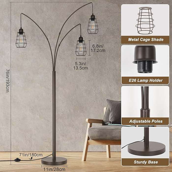Boncoo Industrial Floor Lamp, 3 Light Arc Floor Lamps for Living Room, 76 Inch Tall Standing Lamp with Metal Cage Shades & Foot Switch, Vintage Floor Lamp for Bedroom, Office, Corner, Bronze - Image 2