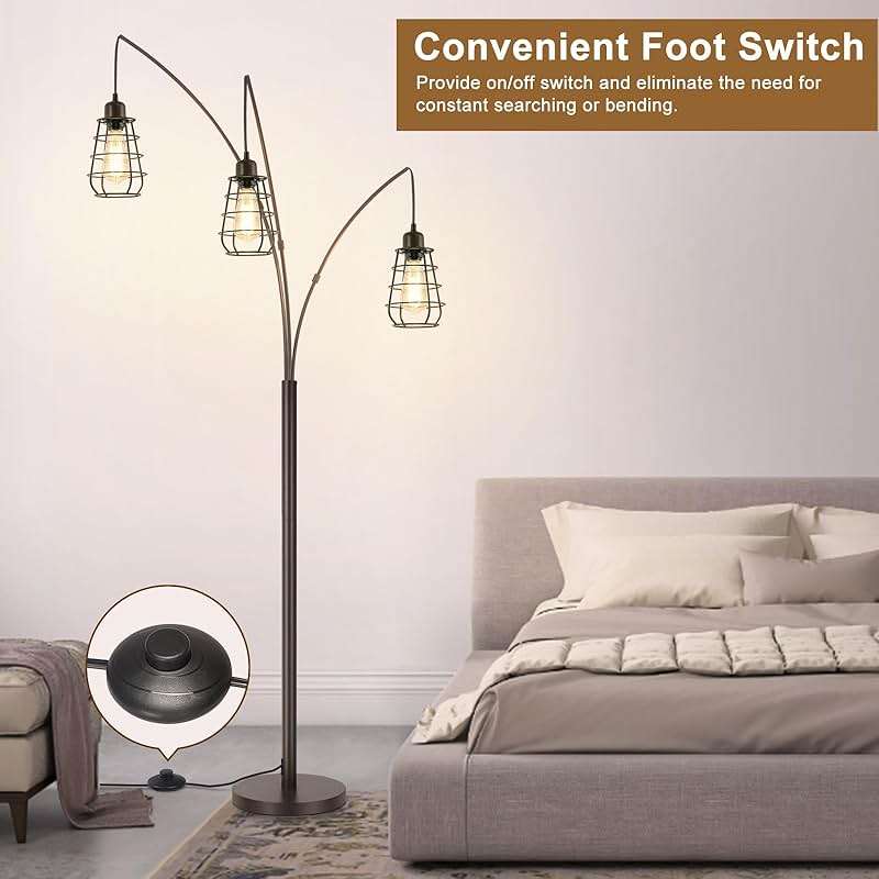 Boncoo Industrial Floor Lamp, 3 Light Arc Floor Lamps for Living Room, 76 Inch Tall Standing Lamp with Metal Cage Shades & Foot Switch, Vintage Floor Lamp for Bedroom, Office, Corner, Bronze - Image 5
