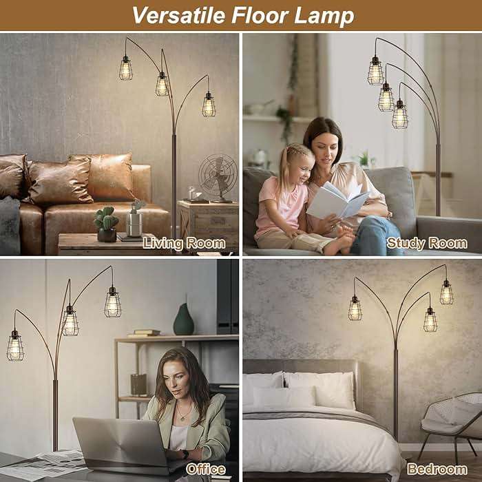 Boncoo Industrial Floor Lamp, 3 Light Arc Floor Lamps for Living Room, 76 Inch Tall Standing Lamp with Metal Cage Shades & Foot Switch, Vintage Floor Lamp for Bedroom, Office, Corner, Bronze - Image 6
