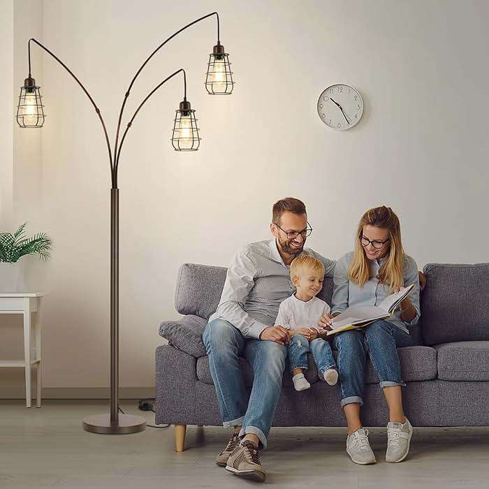 Boncoo Industrial Floor Lamp, 3 Light Arc Floor Lamps for Living Room, 76 Inch Tall Standing Lamp with Metal Cage Shades & Foot Switch, Vintage Floor Lamp for Bedroom, Office, Corner, Bronze - Image 7