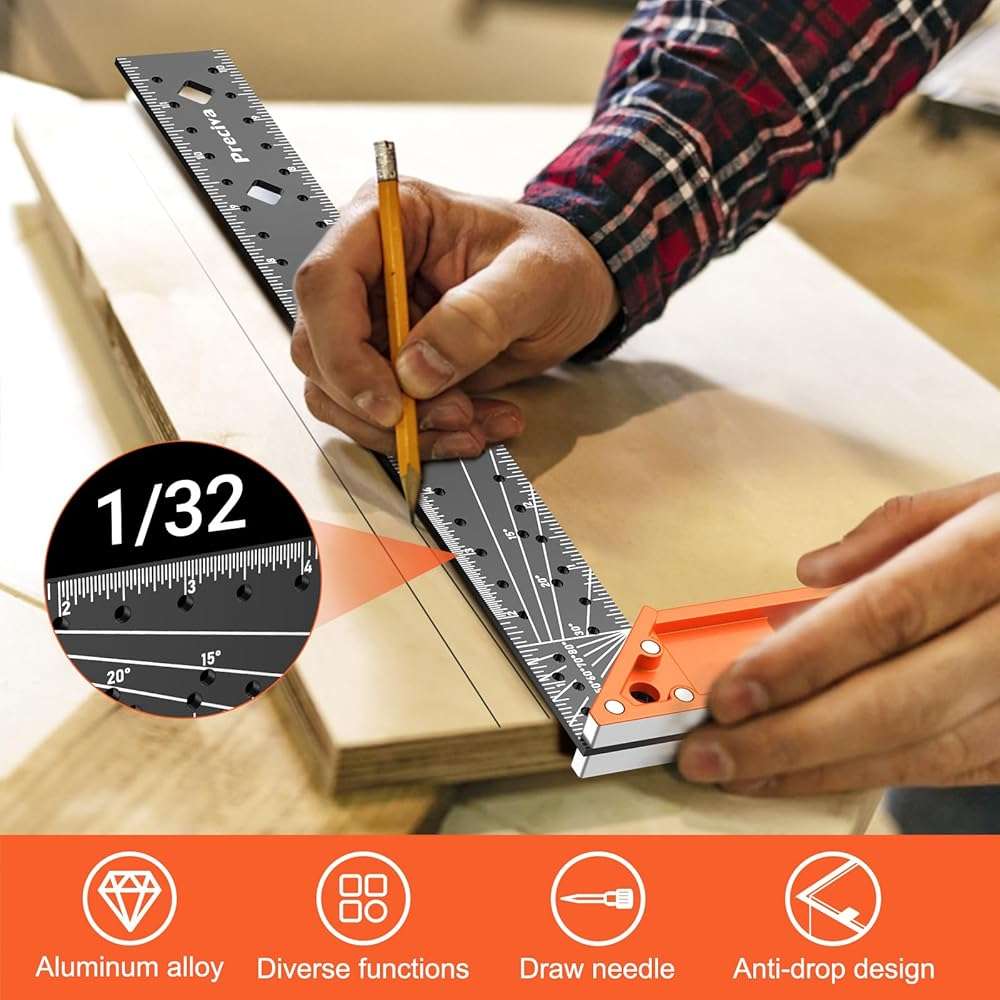 12” Woodworking Square Ruler - Preciva Right Angle Ruler Carpenter Square Layout Tool, Features Stainless Steel Blade, Retractable Ledge, 1/16” and 1/32” Notch Spacing and Multi-Angle Scribe Mark - Image 2