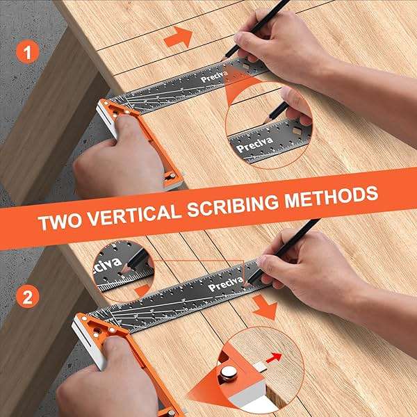 12” Woodworking Square Ruler - Preciva Right Angle Ruler Carpenter Square Layout Tool, Features Stainless Steel Blade, Retractable Ledge, 1/16” and 1/32” Notch Spacing and Multi-Angle Scribe Mark - Image 3