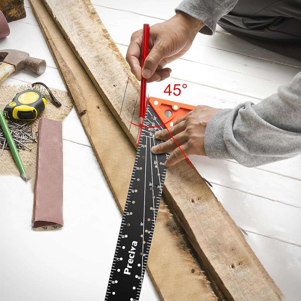 12” Woodworking Square Ruler - Preciva Right Angle Ruler Carpenter Square Layout Tool, Features Stainless Steel Blade, Retractable Ledge, 1/16” and 1/32” Notch Spacing and Multi-Angle Scribe Mark - Image 7