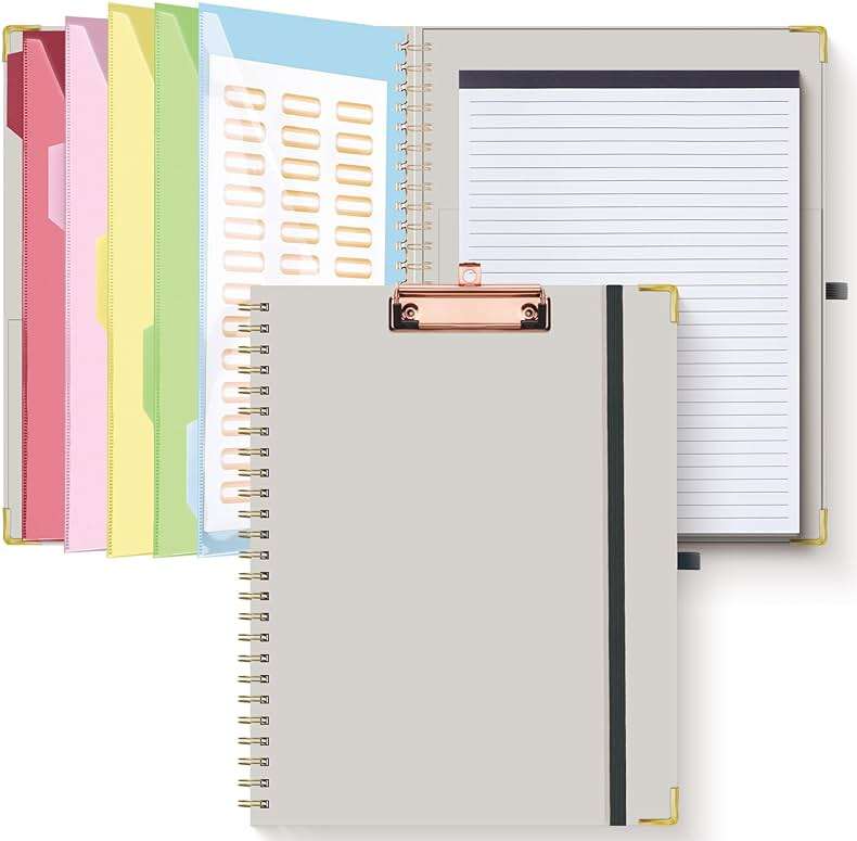 HAUTOCO Clipboard Folio with Refillable Lined Notepad for Letter Size (11" x 8.5"), 5 Dividers with 10 Pockets, Elastic Pen Holder and File Folder Labels, Spiral Nurse Clipboard Artboard(Gray) - Image 1