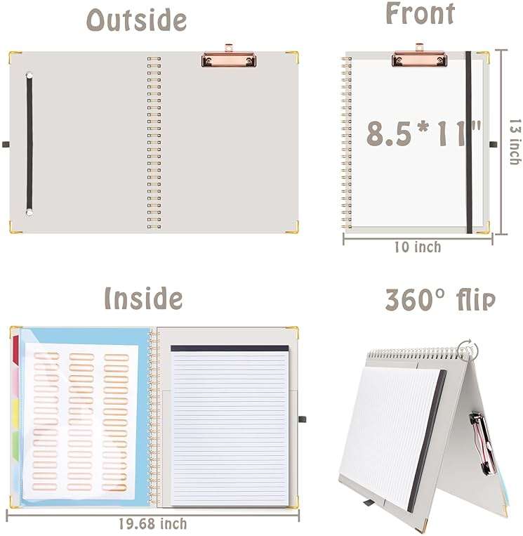 HAUTOCO Clipboard Folio with Refillable Lined Notepad for Letter Size (11" x 8.5"), 5 Dividers with 10 Pockets, Elastic Pen Holder and File Folder Labels, Spiral Nurse Clipboard Artboard(Gray) - Image 3