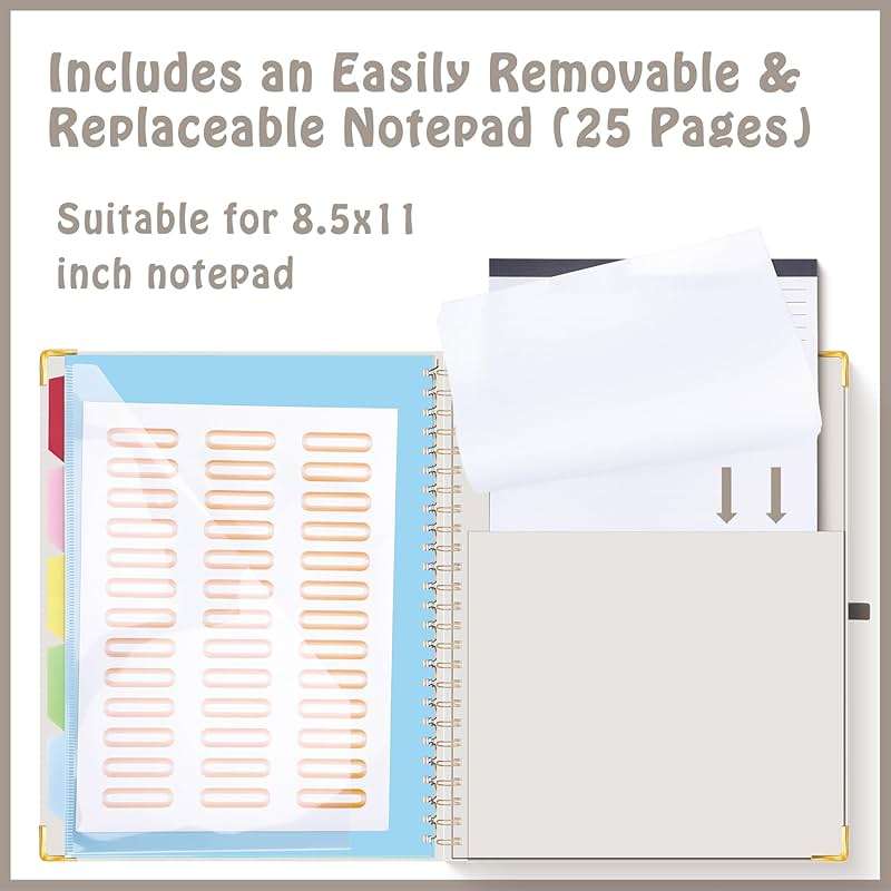 HAUTOCO Clipboard Folio with Refillable Lined Notepad for Letter Size (11" x 8.5"), 5 Dividers with 10 Pockets, Elastic Pen Holder and File Folder Labels, Spiral Nurse Clipboard Artboard(Gray) - Image 4