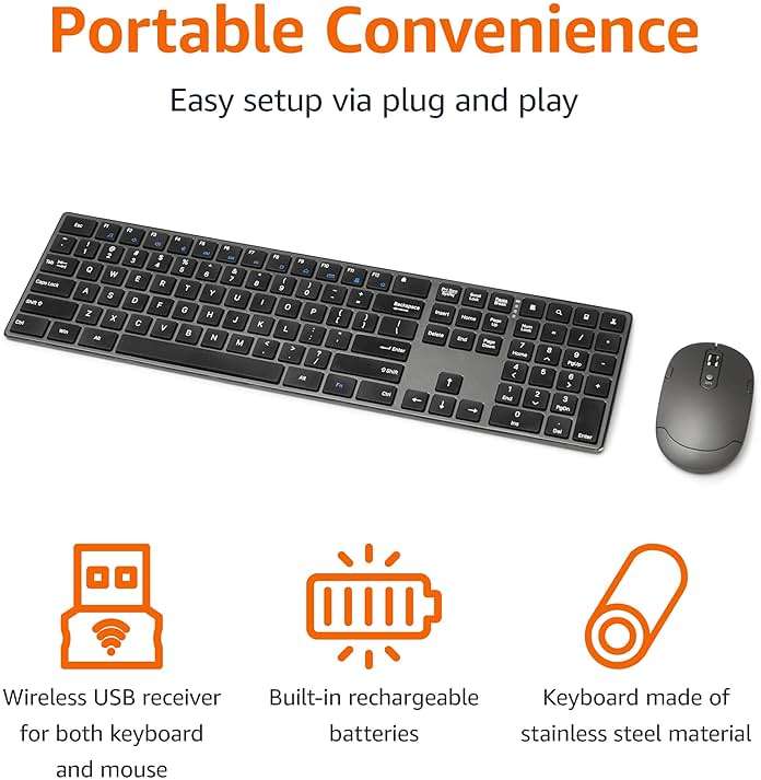 Amazon Basics Ultra Premium Wireless Keyboard and Mouse Combo, Rechargeable, Full-Size with Number Pad, Sleek Design, Plug and Play, Quiet Typing, 2.4GHz USB Receiver, Black - Image 2