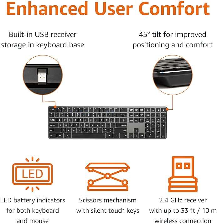 Amazon Basics Ultra Premium Wireless Keyboard and Mouse Combo, Rechargeable, Full-Size with Number Pad, Sleek Design, Plug and Play, Quiet Typing, 2.4GHz USB Receiver, Black - Image 3