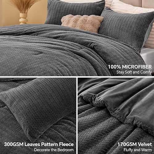 ChiXpace Flannel Fleece Queen Comforter Set - Ultra Soft Furry Grey Leaves Pattern Faux Fur Bed Set, Winter Fuzzy Fluffy Comfort Set, Velvet Bedding Set for Bed with 2 Pillow Cases - Image 2